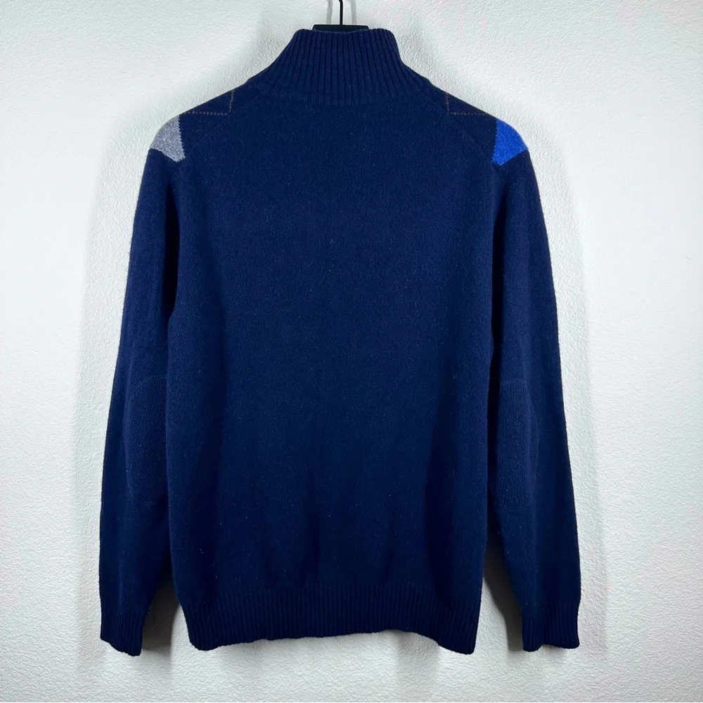 J. Crew 100% Lambs Wool Argyle Quarter Zip Sweater with Elbow Patch Large EUC
